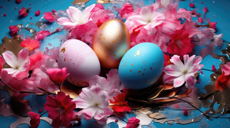 Exquisite Easter Eggs Adorned with Spring Flowers and Gold by Generative AIの素材