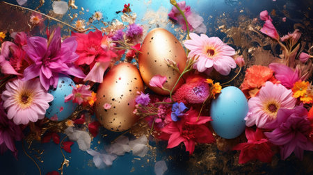 Exquisite Easter Eggs Adorned with Spring Flowers and Gold by Generative AIの素材