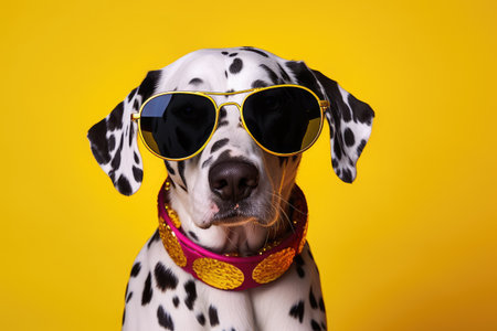 Stylish Dalmatian Pup Rocks Yellow Sunglasses and Polka Dot Charm by Generative AIの素材