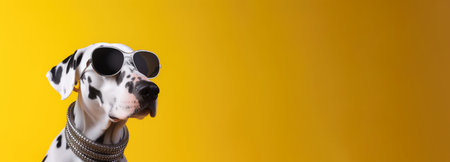 Chic Dalmatian Dog Flaunting Sunglasses and Style on Yellow by Generative AIの素材