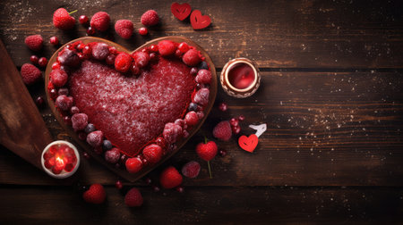 Intimate Valentine's Dessert: Heart-Shaped Berry Cake by Generative AIの素材