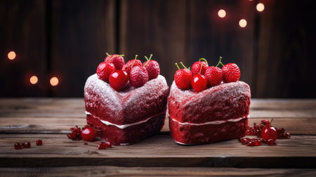 Dual Heart Cakes on Dark Wooden Backdrop for Valentine's by Generative AIの素材