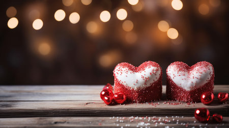 Dual Heart Cakes on Dark Wooden Backdrop for Valentine's by Generative AIの素材