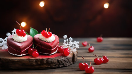Dual Heart Cakes on Dark Wooden Backdrop for Valentine's by Generative AIの素材