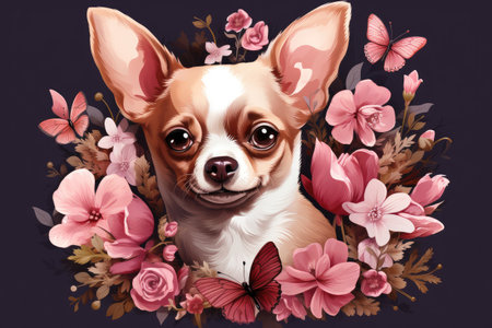 Enchanting Chihuahua Amidst Blossoms and Butterflies by Generative AIの素材