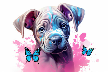 Sapphire Butterfly Companionship with a Charming Pink Puppy by Generative AIの素材