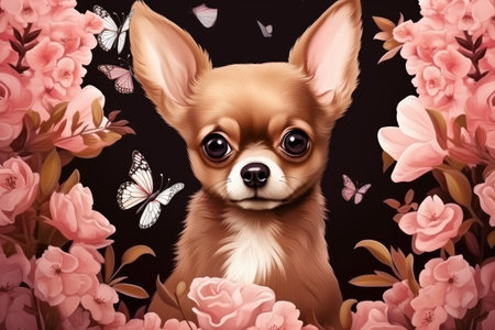 Enchanting Chihuahua Amidst Blossoms and Butterflies by Generative AIの素材