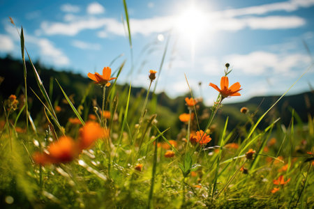 Sunlit Serenity: Wildflowers and Grasses Bask in Summer Glow by Generative AIの素材