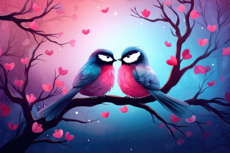 Enchanted Lovebirds: Whimsical Hearts Adorn Twilight's Embrace by Generative AIの素材