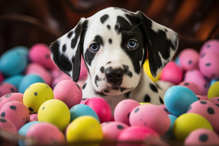 Spotted Pup's Easter Delight: A Dalmatian Amongst Colorful Eggs by Generative AIの素材
