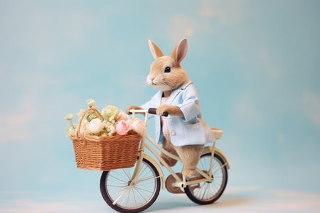 Dapper Bunny's Easter Ride: Whimsical Rabbit on Bicycle with Flowers by Generative AIの素材