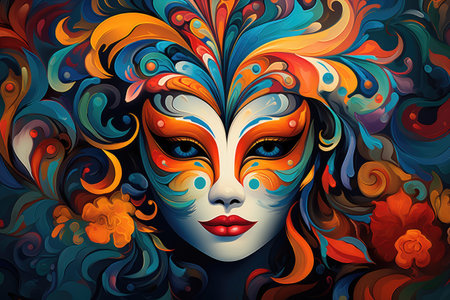 Mysterious Elegance: Woman in Ornate Carnival Mask and Colorful Feathers by Generative AIの素材