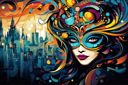 Urban Elegance: Woman in Colorful Mask Against City Backdrop by Generative Aの素材