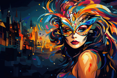 Urban Elegance: Woman in Colorful Mask Against City Backdrop by Generative Aの素材