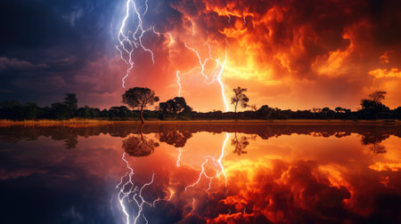 Dramatic Thunderstorm Over Savannah: Lightning Strikes Reflected by Generative AIの素材