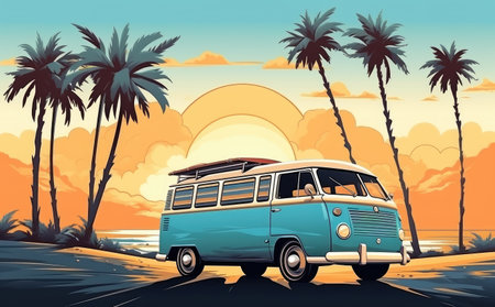 Retro Van by the Beach at Sunset: Tropical Surf Lifestyle by Generative AIの素材