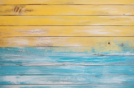 Rustic Charm: Weathered Blue and Yellow Wooden Planks by Generative AIの素材