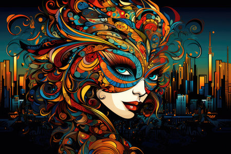 Urban Elegance: Woman in Colorful Mask Against City Backdrop by Generative Aの素材
