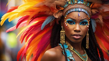 Radiant Carnival Queen: A Tapestry of Feathers and Fashion by Generative AIの素材