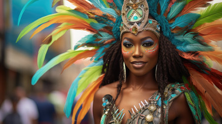 Radiant Carnival Queen: A Tapestry of Feathers and Fashion by Generative AIの素材
