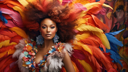 Radiant Carnival Queen: A Tapestry of Feathers and Fashion by Generative AIの素材