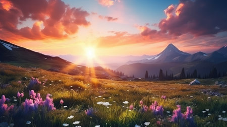 Idyllic Summer Mountain Meadow Aglow with Sunset and Wildflowers by Generative AIの素材