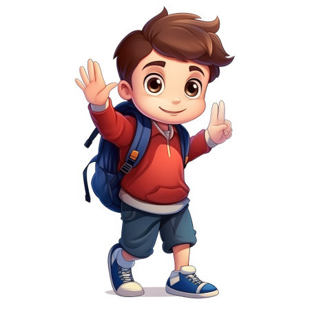 Cheerful Cartoon Schoolboy Waving Hello with Backpack by Generative AIの素材
