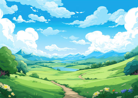 Idyllic Cartoon Valley with Lush Greenery and Flowing River by Generative AIの素材
