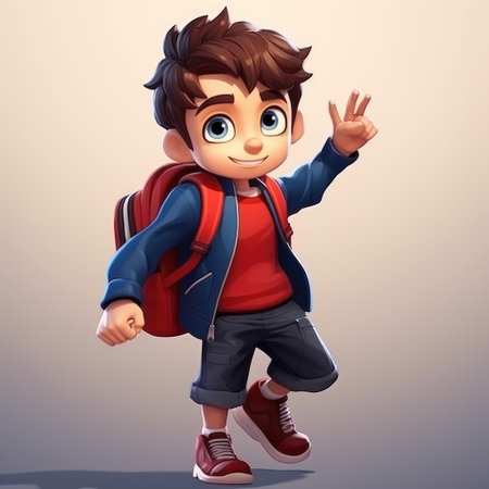 Cheerful Cartoon Schoolboy Waving Hello with Backpack by Generative AIの素材