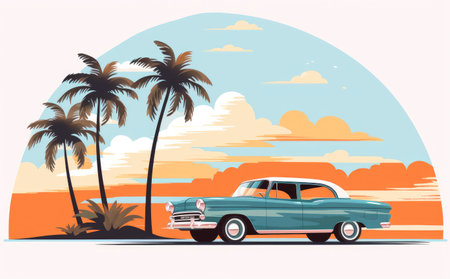 Classic Car by the Shore: A Retro Tropical Getaway by Generative AIの素材
