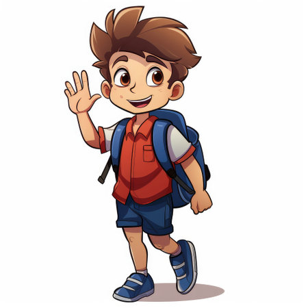 Cheerful Cartoon Schoolboy Waving Hello with Backpack by Generative AIの素材
