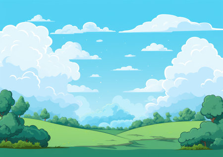 Idyllic Cartoon Valley with Lush Greenery and Flowing River by Generative AIの素材