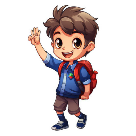 Cheerful Cartoon Schoolboy Waving Hello with Backpack by Generative AIの素材