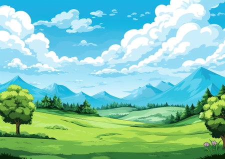 Idyllic Cartoon Valley with Lush Greenery and Flowing River by Generative AIの素材