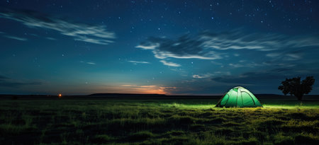 Illuminated Tent Under Star-Streaked Night Sky: By a Generative AI Sceneの素材