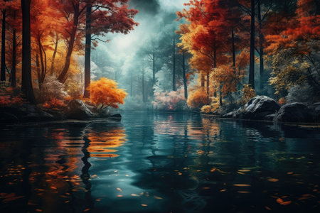 Autumn Reflections in Enchanted Lake Surrounded by Colorful Forest by Generative AIの素材