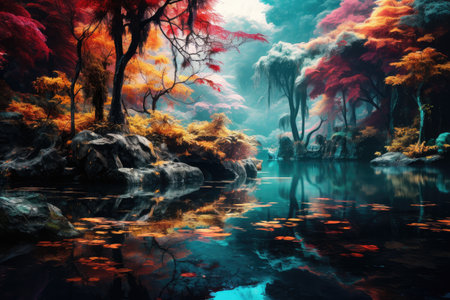 Autumn Reflections in Enchanted Lake Surrounded by Colorful Forest by Generative AIの素材