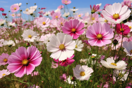Enchanting Field of Pink Cosmos Blooms: Spring's Delicate Beauty by Generative AIの素材