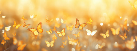 Sunlit Dance: A Serene Meadow Alive with the Flutter of Golden Butterflies by Generative AIの素材