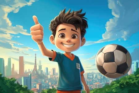 Happy Cartoon Boy with Soccer Ball Giving a Thumbs Up by Generative AIの素材