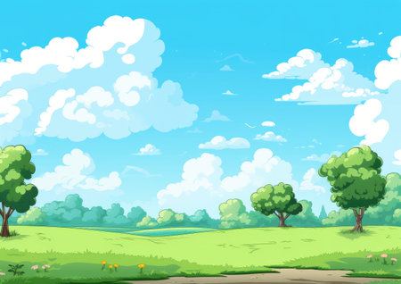 Idyllic Meadow and Lush Trees Under Fluffy Clouds - A Serene Digital Illustration by Generative AIの素材