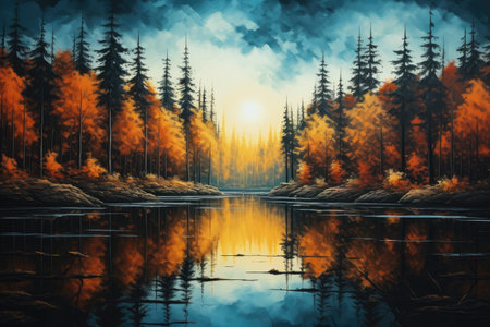 Serene Sunset: Autumn Trees and Their Reflections on a Calm Lake by Generative AIの素材