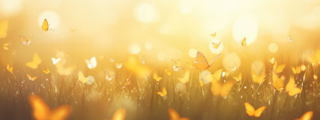 Sunlit Dance: A Serene Meadow Alive with the Flutter of Golden Butterflies by Generative AIの素材