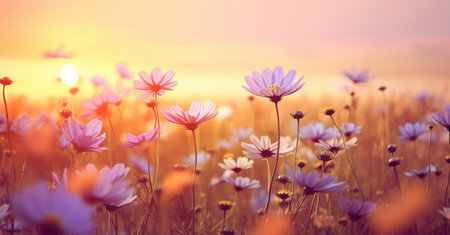 Serene Meadow of Pastel Flowers at Sunset - A Calming Nature Scene by Generative AIの素材