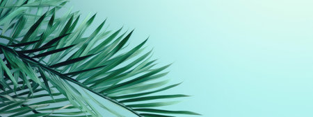 Tranquil Green Palm Leaves Framing a Serene Turquoise Background by Generative AIの素材
