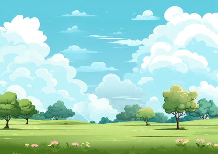 Idyllic Meadow and Lush Trees Under Fluffy Clouds - A Serene Digital Illustration by Generative AIの素材