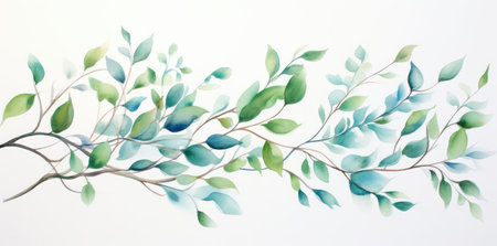 Serenity in Watercolor: Elegant Green Leaves on Minimalist Background by Generative AIの素材