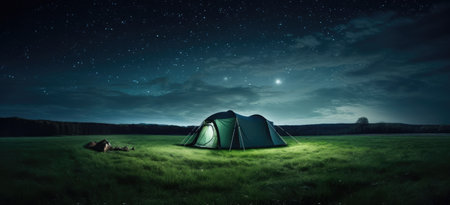 Serenity Under the Stars: A Green Tent Lit by the Milky Way's Glow by Generative AIの素材