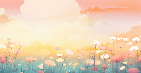 Serene Meadow of Pastel Flowers at Sunset - A Calming Nature Scene by Generative AIの素材