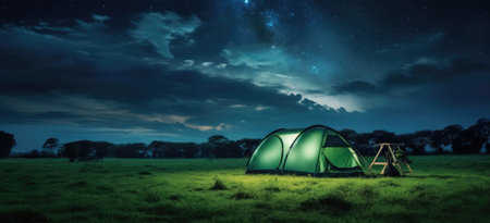 Serenity Under the Stars: A Green Tent Lit by the Milky Way's Glow by Generative AIの素材